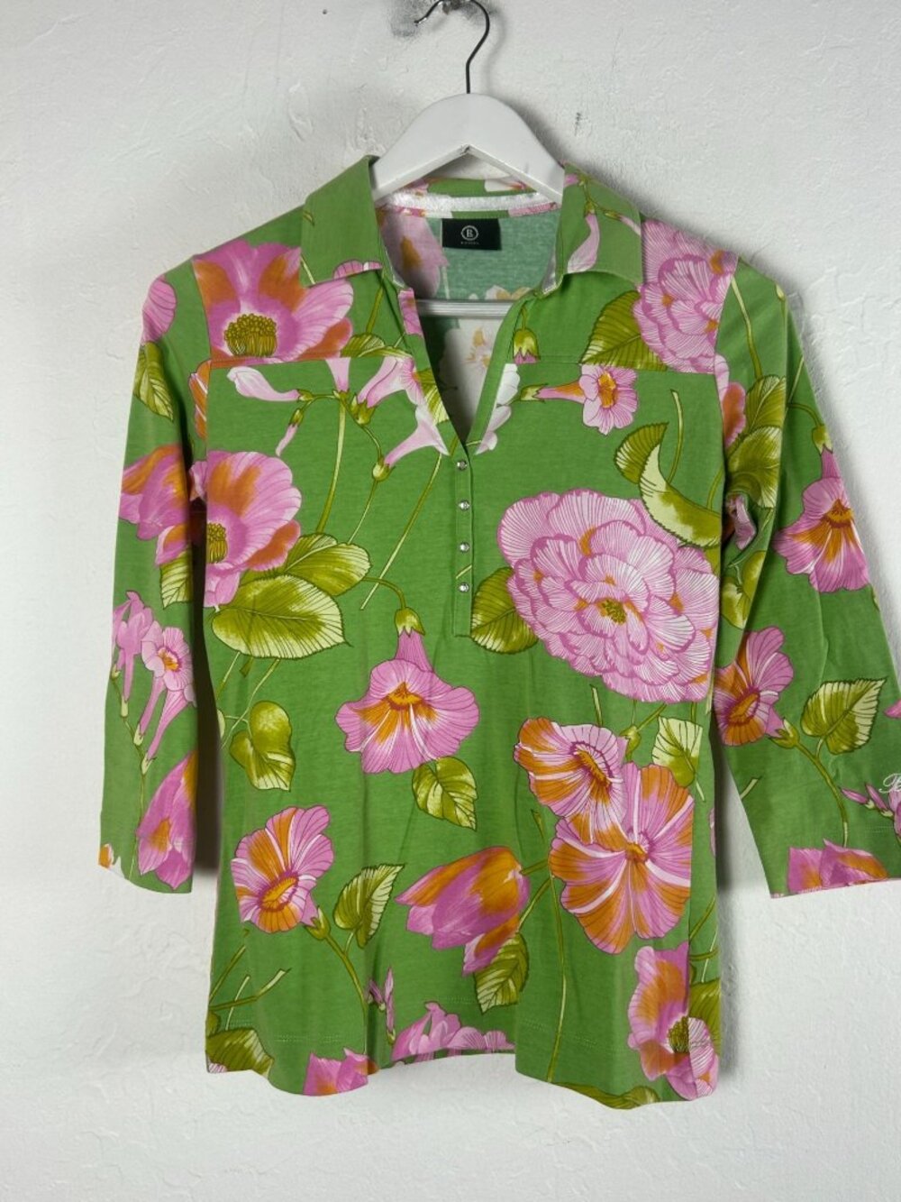 Bogner Womens Green Floral Cotton 3/4 Sleeve Polo Shirt Top Size Small Stretch